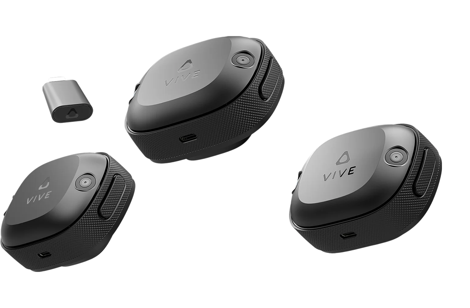 VIVE Ultimate Tracker 3+1 Kit, VR accessory bundle for full-body tracking in VR, featuring three VIVE Ultimate Trackers and one VIVE Wireless Dongle.