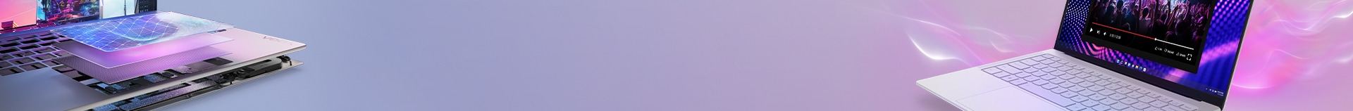 White laptop playing a video with neon colors, next to layered laptop components on a purple gradient background.