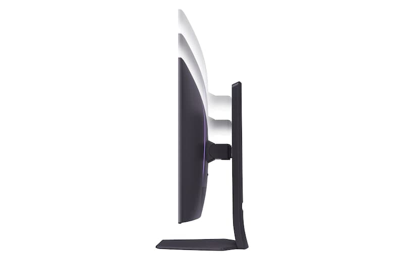 side view of 32GS95UE with monitor height moving downwards on with lights on