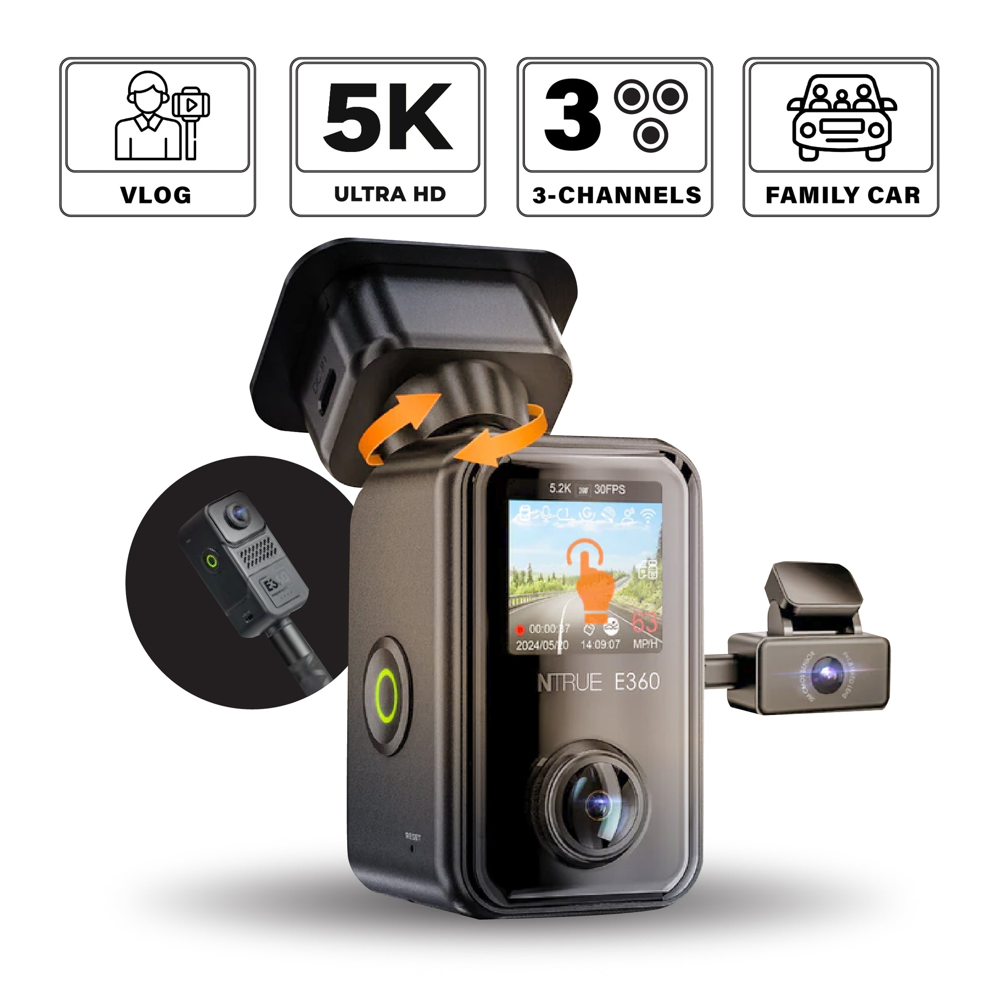 Vantrue E360ACE 360° 全景 5.2K 3CH 3鏡頭車Cam 行車紀錄儀 (車CAM + Vblog) 圖 1