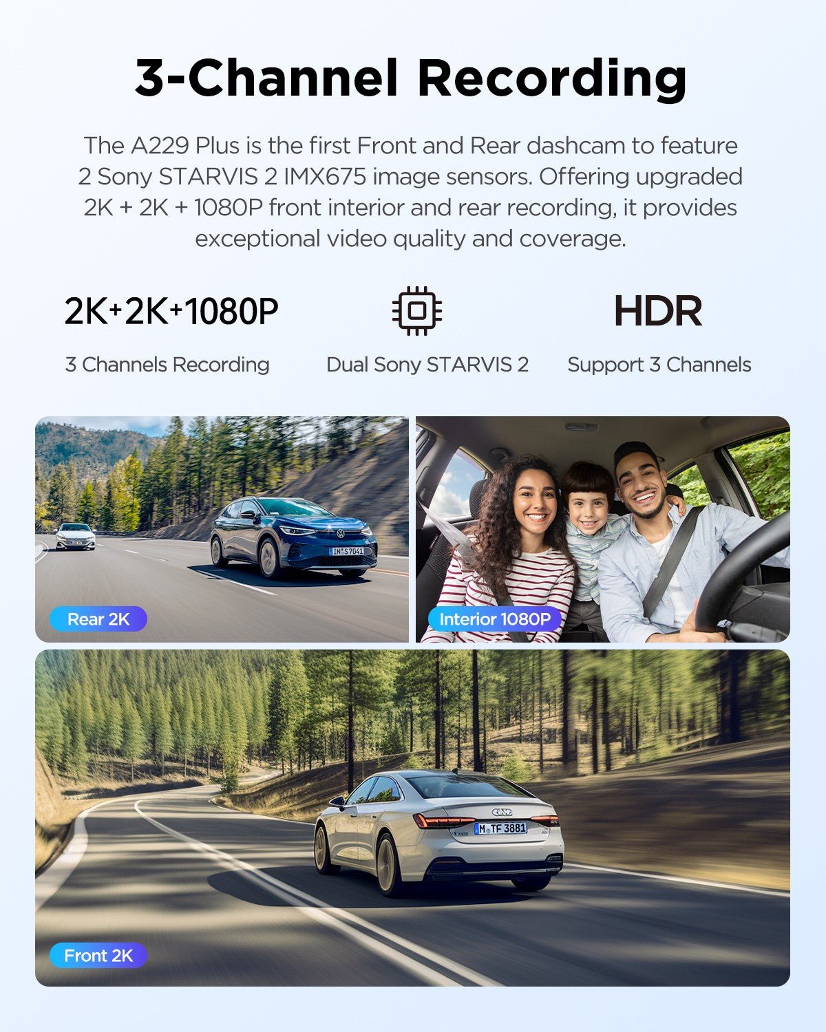 VIOFO A229 Plus 3 鏡頭 2K+2K+1080P HDR 5GHz Wi-Fi GPS 語音控制 3 鏡頭 行車記錄儀 配 雙 Sony STARVIS 2 感光元件 圖 3